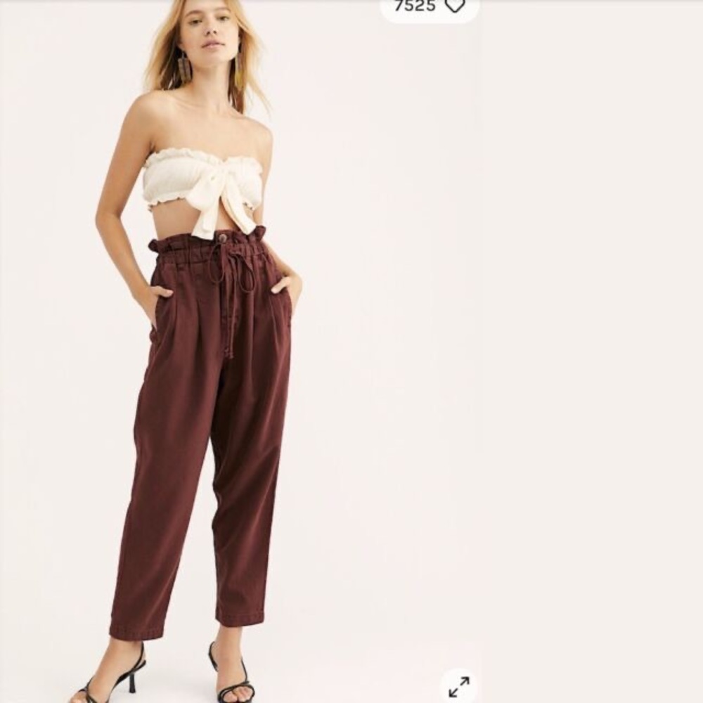 Free People Margate Pleated Trouser Paper bag pants Cacao Bean Medium EUC